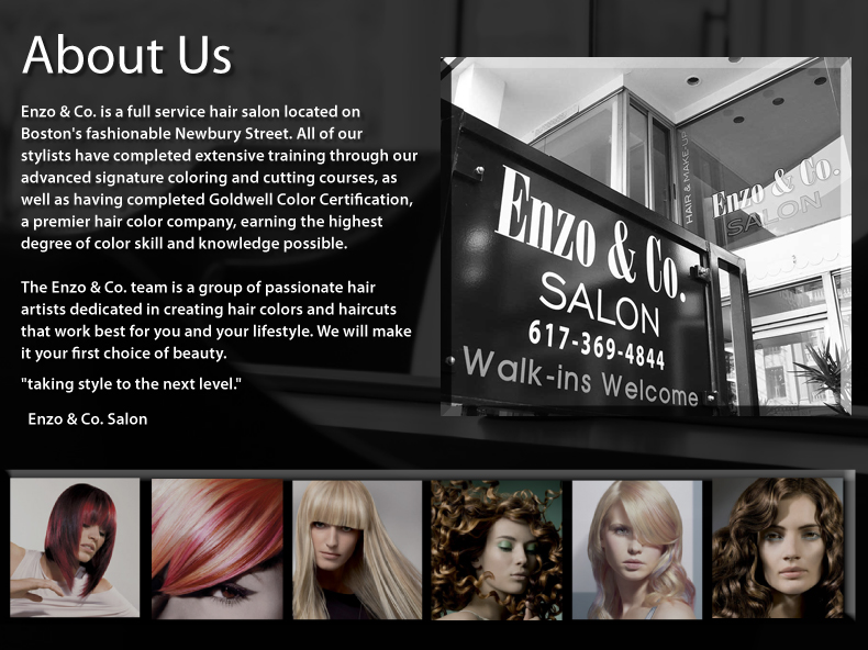 Enzo & Co. is a full service hair salon located on 
Boston's fashionable Newbury Street. All of our stylists have completed extensive training through our advanced signature coloring and cutting courses, as well as having completed Goldwell Color Certification, a premier hair color company, earning the highest degree of color skill and knowledge possible. The Enzo & Co. team is a group of passionate hair 
artists dedicated in creating hair colors and haircuts that work best for you and your lifestyle. We will make it your first choice of beauty. Enzo & Co. Salon